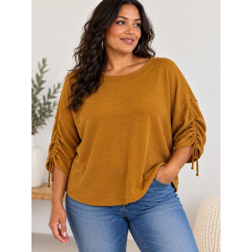 Max Studio Top Womens 3X Orange Knit Ruched Drawstring Sleeve Top